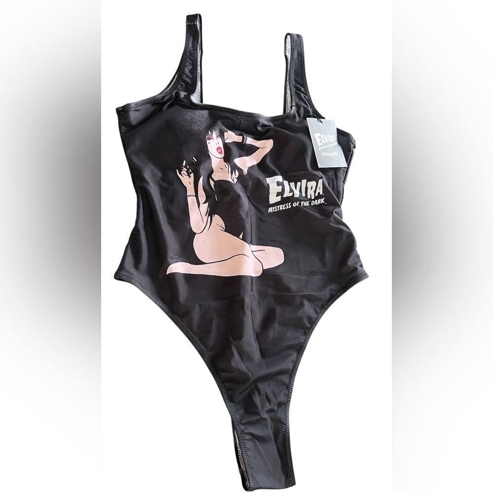 Elvira Mistress Of The Dark Womens Black One Piece Swimsuit Bats Medium NWT